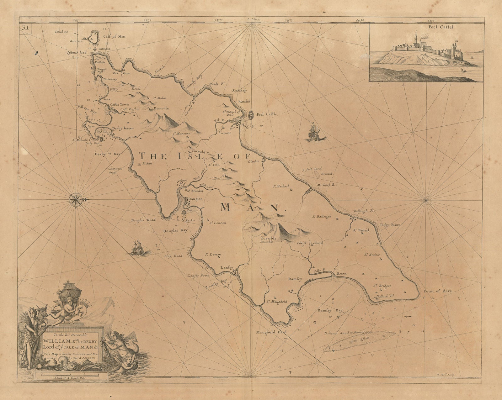 THE ISLE OF MAN sea coast chart. Douglas Ramsey Peel Castle. COLLINS 1693 map